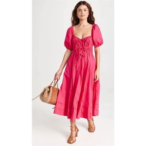 ULLA JOHNSON Palma Midi Dress Hot Pink Orchid Puff Shoulder Size 0 Cotton Poplin - Picture 1 of 17